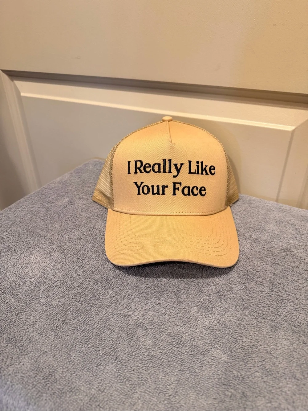 I Really Like Your Face Tan Mesh Trucker Hat Size OS